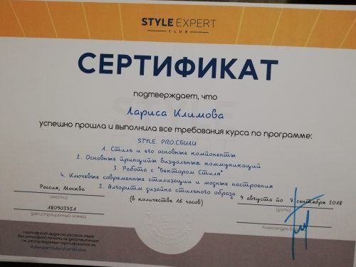 сертификат лариса климова